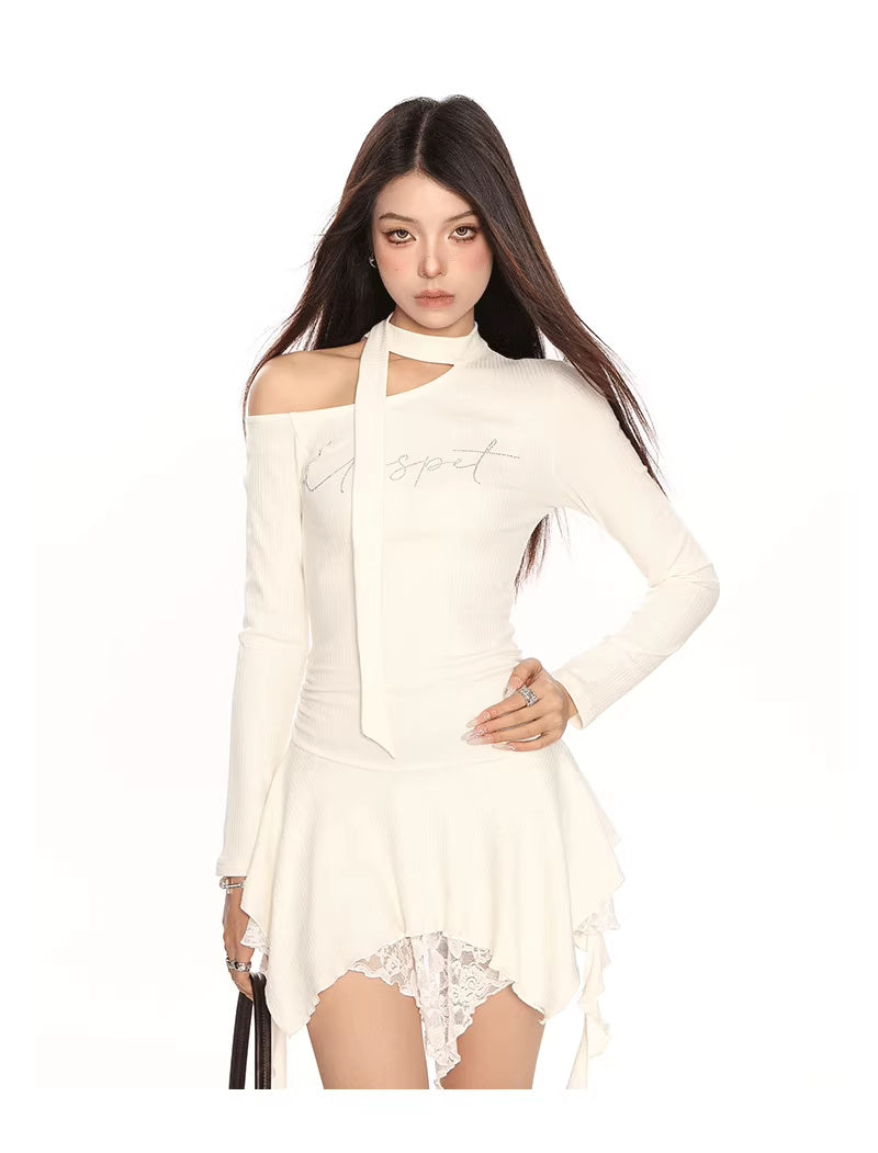 Hot Girl Irregular Shoulder Lace Up Lace Long Sleeve Dress