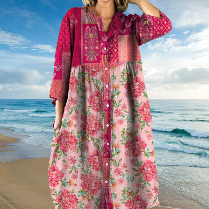 Fashion Sweet Loose Floral Button Dress Women