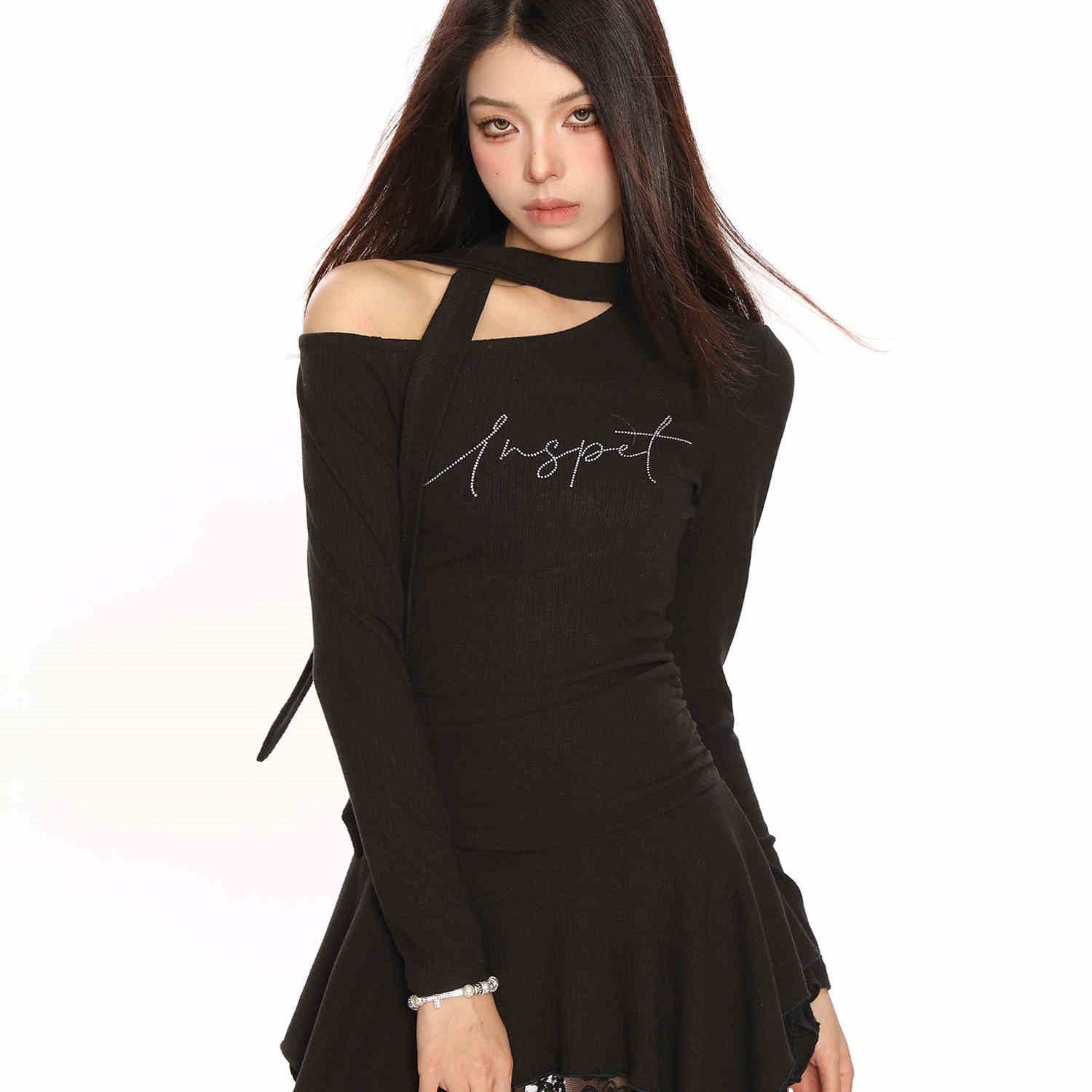 Hot Girl Irregular Shoulder Lace Up Lace Long Sleeve Dress