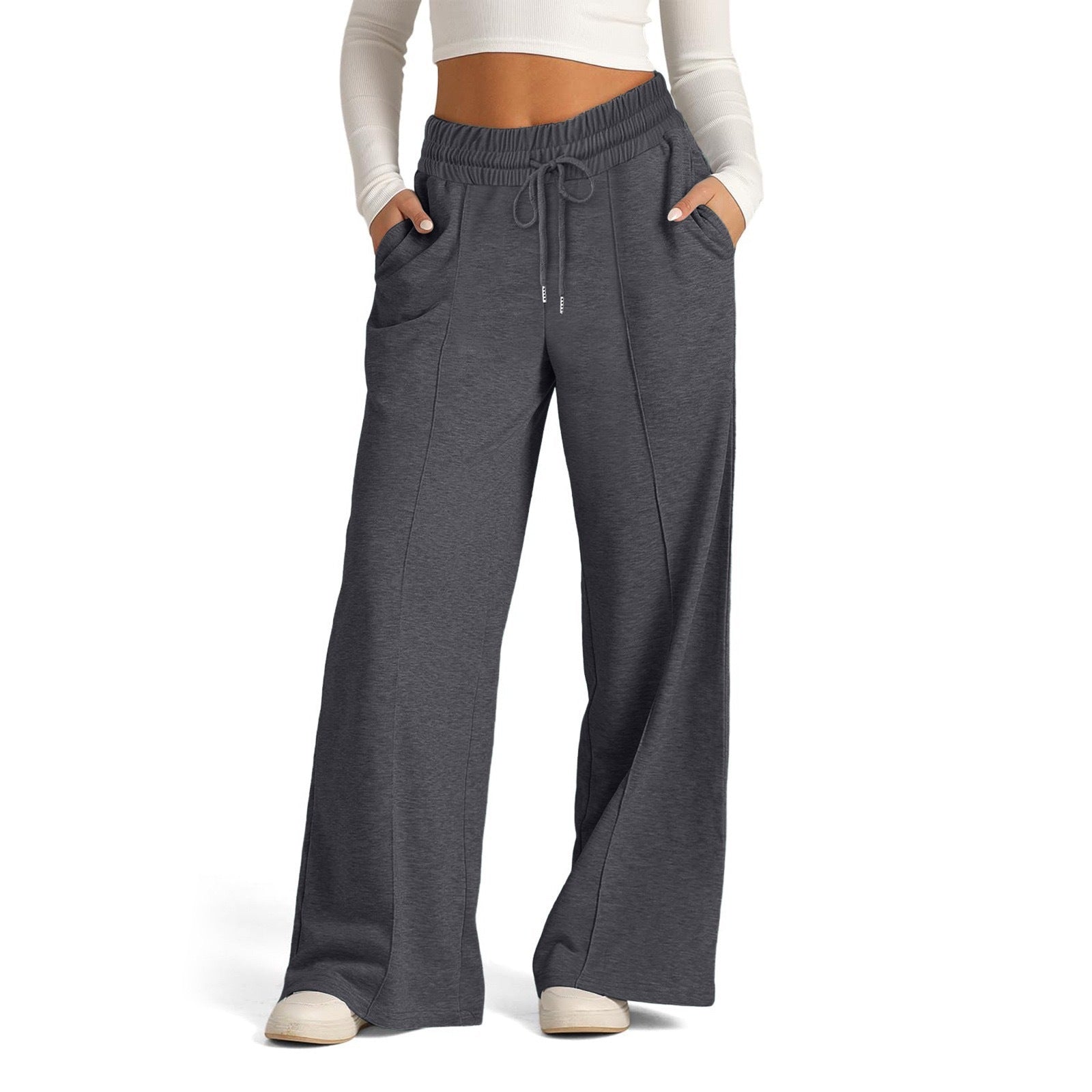 Women's Lace-up Solid Color Waist Tight Fashion Wide-leg Casual Pants