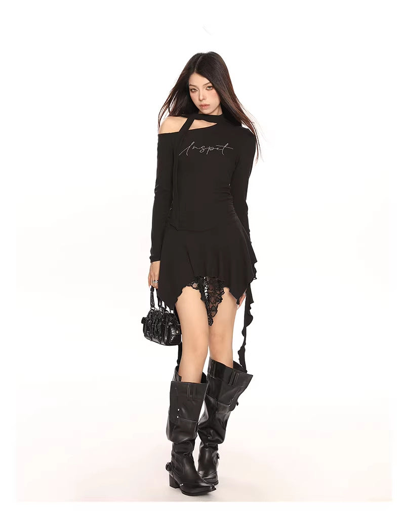 Hot Girl Irregular Shoulder Lace Up Lace Long Sleeve Dress