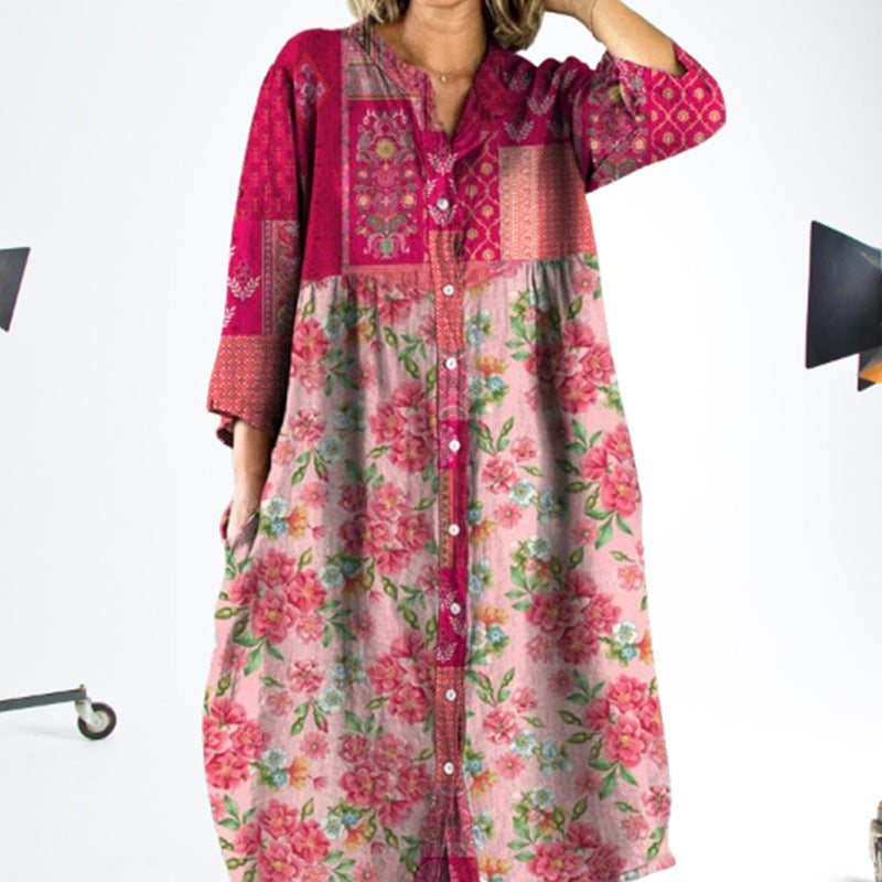 Fashion Sweet Loose Floral Button Dress Women