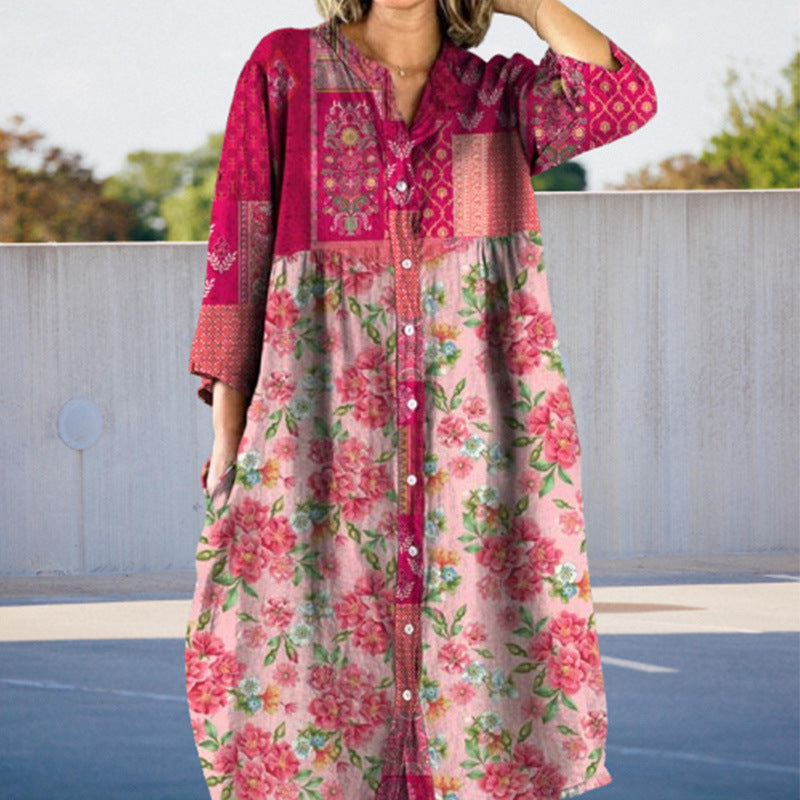 Fashion Sweet Loose Floral Button Dress Women