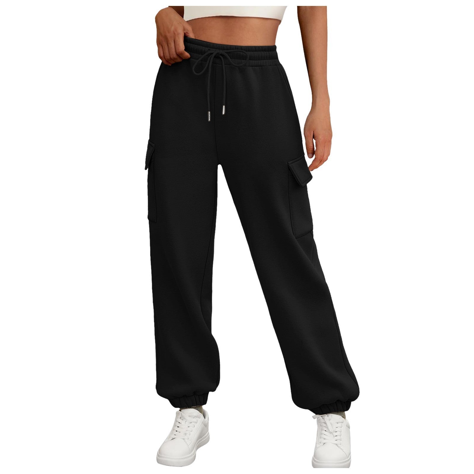 Casual Side Pocket Elastic Waist Solid Color Straight-leg Pants