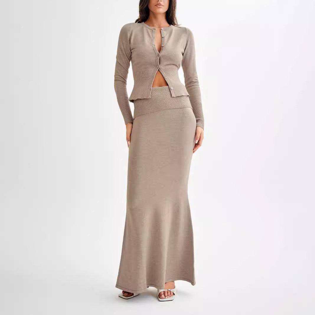 Knitted Sweater Turn Waist Mid-length Dress Set