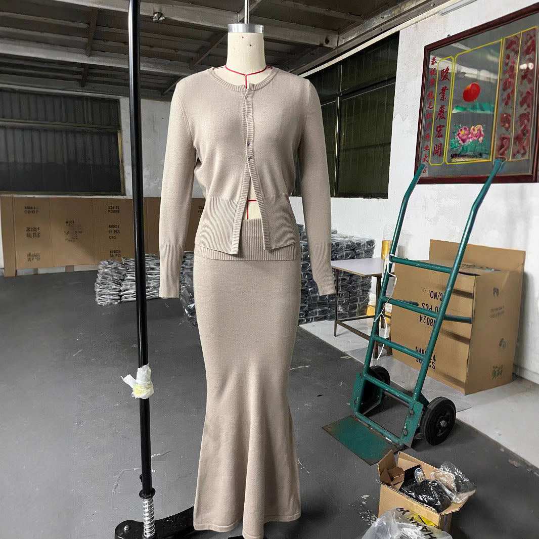 Knitted Sweater Turn Waist Mid-length Dress Set