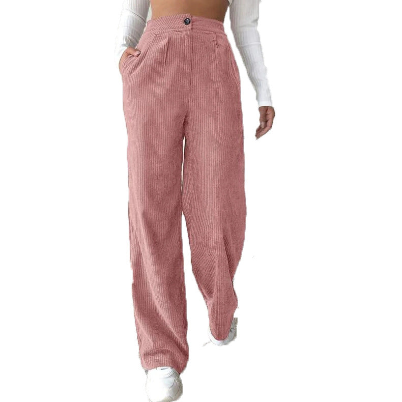 Women's High Waist Casual Pants Solid Color Corduroy Baggy Straight Trousers